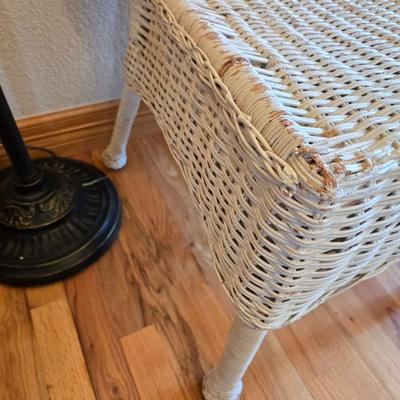 Wicker Chair, Needlepoint Pillow & Decorative Floor Lamp