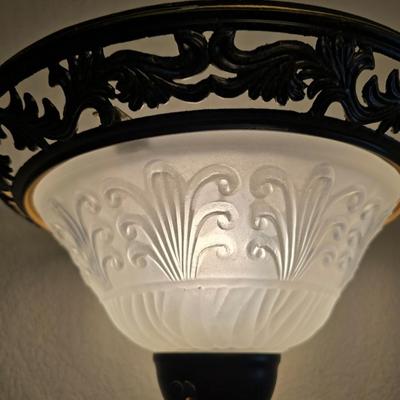 Wicker Chair, Needlepoint Pillow & Decorative Floor Lamp