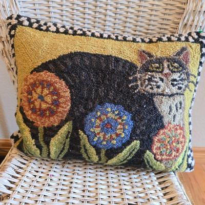 Wicker Chair, Needlepoint Pillow & Decorative Floor Lamp