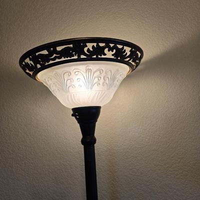 Wicker Chair, Needlepoint Pillow & Decorative Floor Lamp