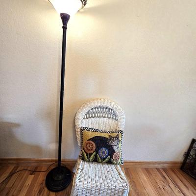 Wicker Chair, Needlepoint Pillow & Decorative Floor Lamp