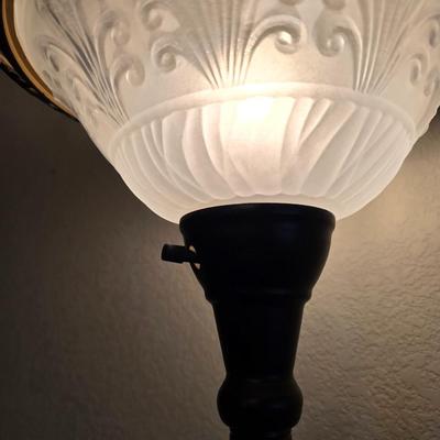 Wicker Chair, Needlepoint Pillow & Decorative Floor Lamp