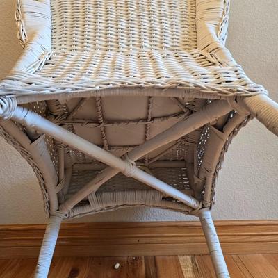 Wicker Chair, Needlepoint Pillow & Decorative Floor Lamp