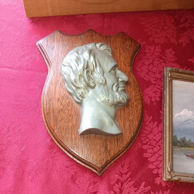 2 VINTAGE OIL ON CANVAS PAINTINGS, 3D WESTERN THEMED AND ABE LINCOLN