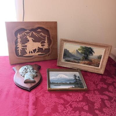2 VINTAGE OIL ON CANVAS PAINTINGS, 3D WESTERN THEMED AND ABE LINCOLN