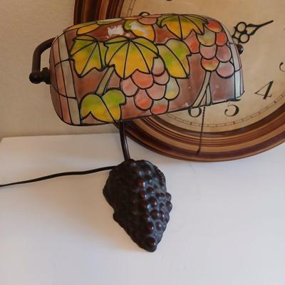 Wall Clock & Stained Glass Grape Desk Lamp