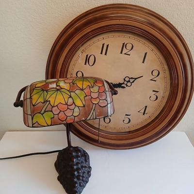 Wall Clock & Stained Glass Grape Desk Lamp
