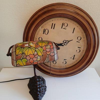 Wall Clock & Stained Glass Grape Desk Lamp