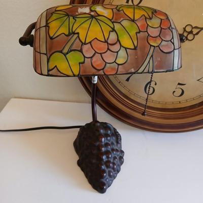 Wall Clock & Stained Glass Grape Desk Lamp