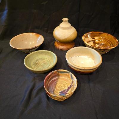 Lot of 6 Signed Studio Pottery Bowls + Bud Vase