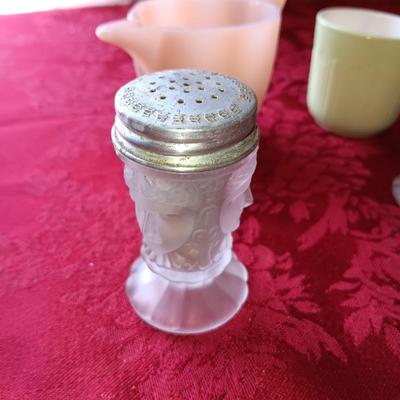 3 FACE SATIN GLASS SHAKERS PLUS OTHER VINTAGE SHAKERS