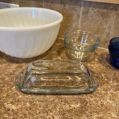 FIRE KING SERVING BOWLS, BUTTER DISH AND MORE