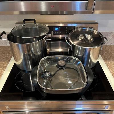 STOCK POTS AND AN ELECTRIC FRYING PAN