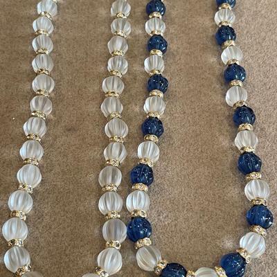 Blue glass and frosted clear glass necklaces