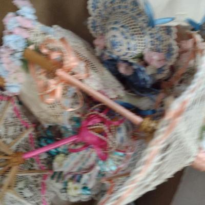 Collection of Dolls and Doll Accessories- Parasols, Stands, Hats