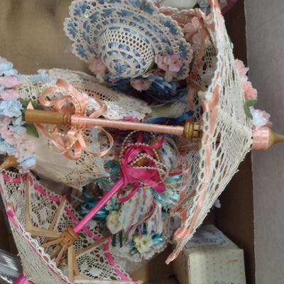 Collection of Dolls and Doll Accessories- Parasols, Stands, Hats