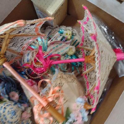 Collection of Dolls and Doll Accessories- Parasols, Stands, Hats
