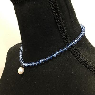 Gorgeous aurora, borealis, light ocean blue crystal, genuine, pearl pendant, choker style necklace very beautiful very nice