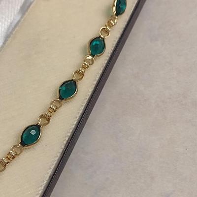 12 Karat Gold Filled and Green Stone Bracelet- Approx 7" Long (#3)