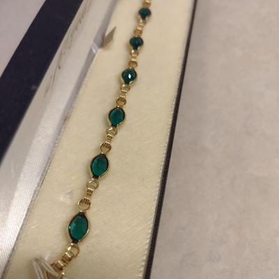 12 Karat Gold Filled and Green Stone Bracelet- Approx 7" Long (#3)