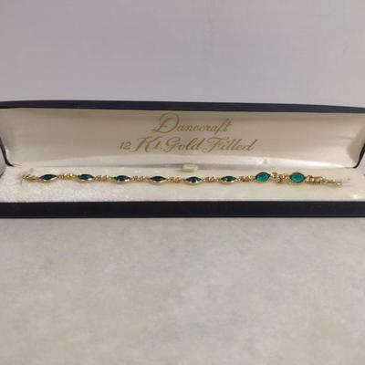 12 Karat Gold Filled and Green Stone Bracelet- Approx 7" Long (#3)