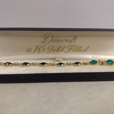 12 Karat Gold Filled and Green Stone Bracelet- Approx 7" Long (#3)