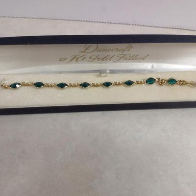 12 Karat Gold Filled and Green Stone Bracelet- Approx 7" Long (#3)