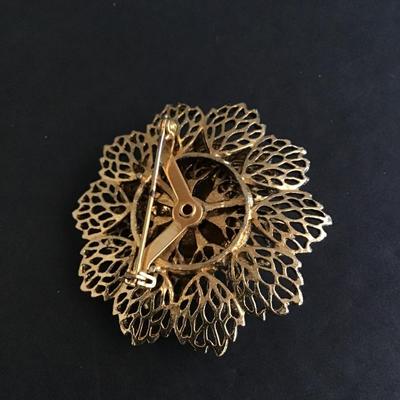 Vintage black rhinestone flower brooch