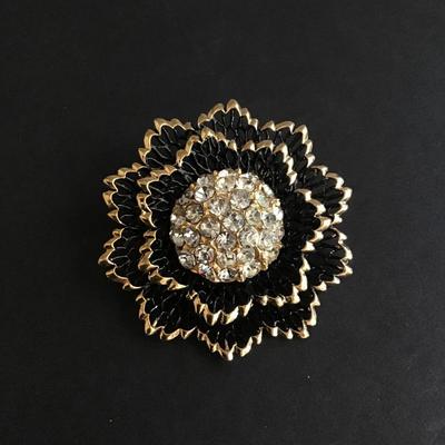 Vintage black rhinestone flower brooch