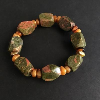 Unakite stone bead stretch bracelet