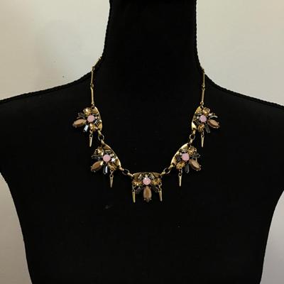 Beautiful, gold, toned, pink opalite rhinestone statement necklaces