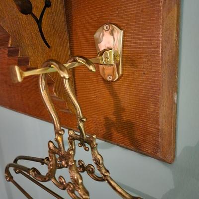 Coat Rack Wood Shelf w 2 Brass Hangers 36" x7"