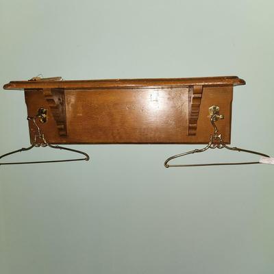 Coat Rack Wood Shelf w 2 Brass Hangers 36" x7"