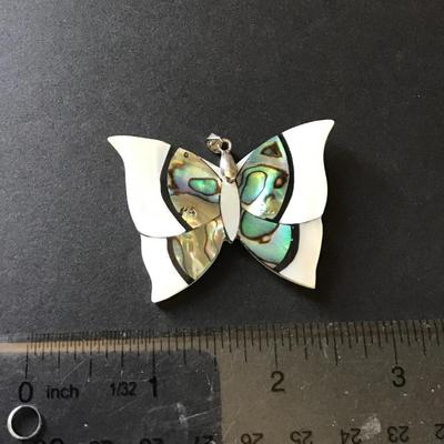 Vintage sterling, silver mother of pearl abalone, inlay butterfly pendant