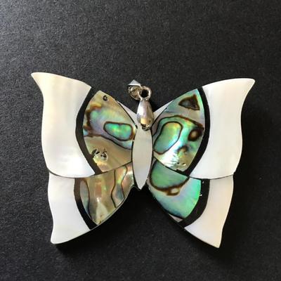 Vintage sterling, silver mother of pearl abalone, inlay butterfly pendant