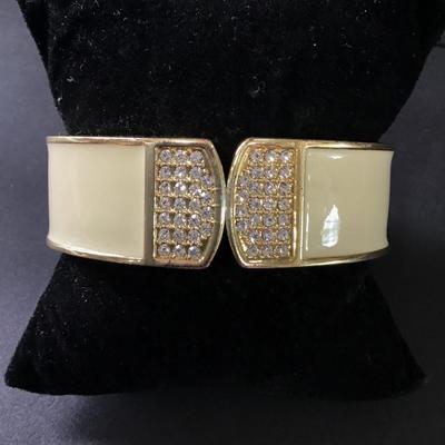 Beautiful gold toned cream enamel crystal rhinestone cuff bracelet very nice beautiful