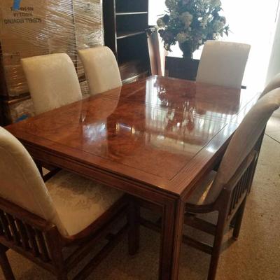 Sale Photo Thumbnail #113: Incredible Dining room set.  Fabulous table with 10 chairs. 2 leaves, huge lighted China cabinet. 2 lighted shelving units.
Pristine condition.   Over $60,000 new.