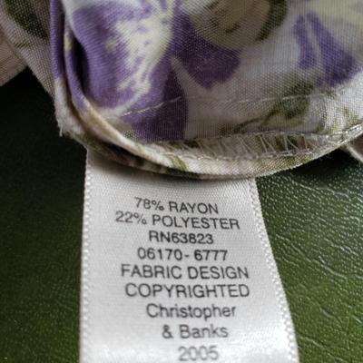 Sale Photo Thumbnail #124: Sleeveless Christopher & Banks Top with square neckline. Cream beige, green, yellow and lavender floral pattern. Size Medium. 20" across chest. 22.25" long. Rayon and polyester. Machine wash cold. In like new condition.