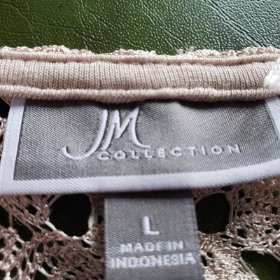 Sale Photo Thumbnail #127: Beige, lacy pattern, Size Large top with 3/4 length sleeves. Polyester. Machine wash cold. 21.5" across chest. 26" long. Sleeves 18 3/4" long. Like new condition.