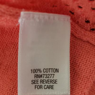 Sale Photo Thumbnail #140: Peach/Coral color Croft & Barrow Cotton Button Front Cardigan. Size Large. 26" long. The front has a small open diamond pattern and the back is solid. Sleeves are 3/4 length sleeve and are 18 3/4" long. Like new condition.