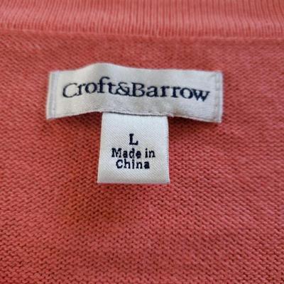 Sale Photo Thumbnail #139: Peach/Coral color Croft & Barrow Cotton Button Front Cardigan. Size Large. 26" long. The front has a small open diamond pattern and the back is solid. Sleeves are 3/4 length sleeve and are 18 3/4" long. Like new condition.