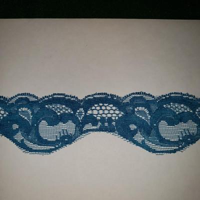 Sale Photo Thumbnail #148: Beautiful teal blue color trim.
1 and 5/8" wide. Pattern repeat is every 3.5 inches. About 32 yards long. Cardboed it is wrapped on says Nylon. Great condition.