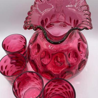 Fenton Cranberry Glass Pitcher with 4 Tumblers