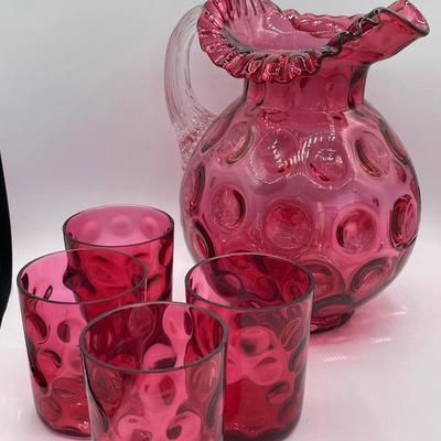 Fenton Cranberry Glass Pitcher with 4 Tumblers