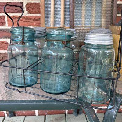 Lot 221: Vintage Washboards, Apple Cider Jug (Tin Wrapped in Wood), Mason Jars in Metal Caddy