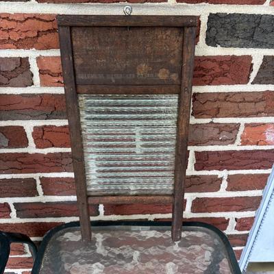 Lot 221: Vintage Washboards, Apple Cider Jug (Tin Wrapped in Wood), Mason Jars in Metal Caddy