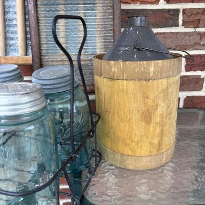 Lot 221: Vintage Washboards, Apple Cider Jug (Tin Wrapped in Wood), Mason Jars in Metal Caddy
