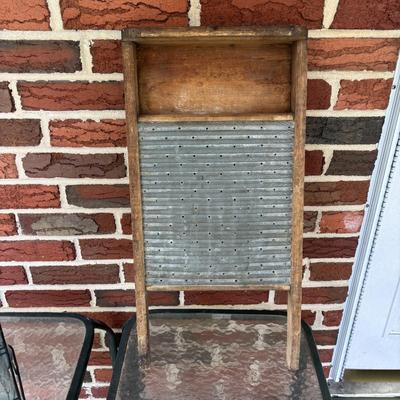 Lot 221: Vintage Washboards, Apple Cider Jug (Tin Wrapped in Wood), Mason Jars in Metal Caddy