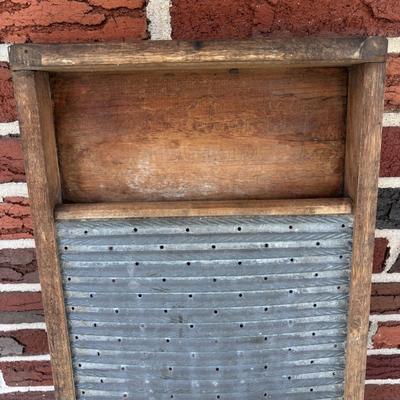 Lot 221: Vintage Washboards, Apple Cider Jug (Tin Wrapped in Wood), Mason Jars in Metal Caddy