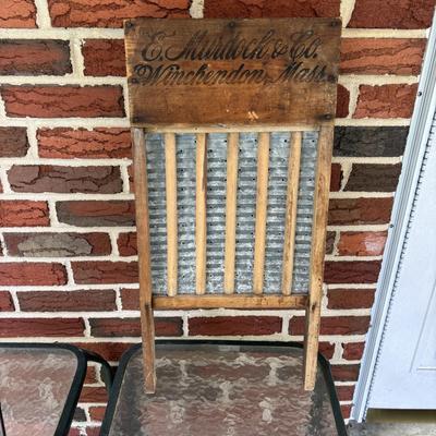 Lot 221: Vintage Washboards, Apple Cider Jug (Tin Wrapped in Wood), Mason Jars in Metal Caddy